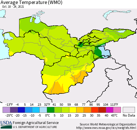 Central Asia Average Temperature (WMO) Thematic Map For 10/18/2021 - 10/24/2021