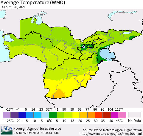Central Asia Average Temperature (WMO) Thematic Map For 10/25/2021 - 10/31/2021