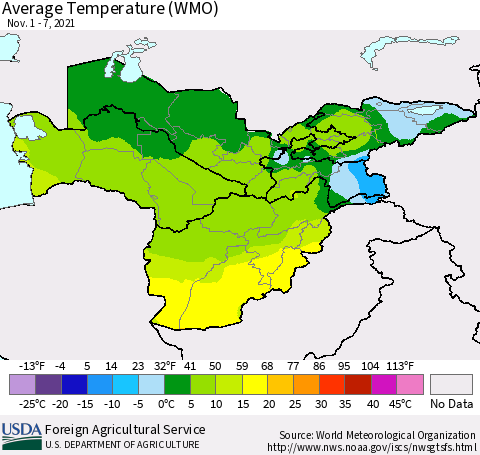 Central Asia Average Temperature (WMO) Thematic Map For 11/1/2021 - 11/7/2021