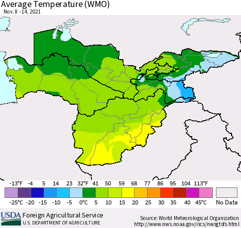 Central Asia Average Temperature (WMO) Thematic Map For 11/8/2021 - 11/14/2021
