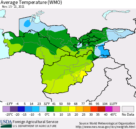 Central Asia Average Temperature (WMO) Thematic Map For 11/15/2021 - 11/21/2021