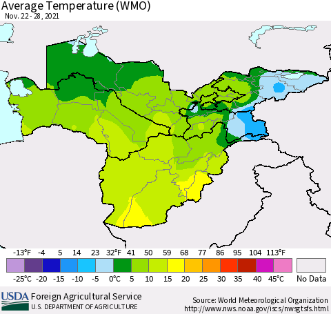 Central Asia Average Temperature (WMO) Thematic Map For 11/22/2021 - 11/28/2021