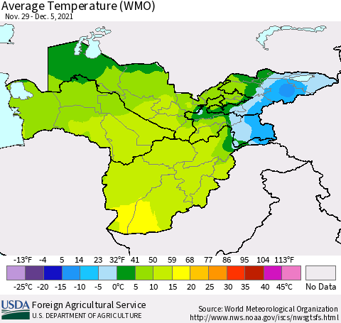 Central Asia Average Temperature (WMO) Thematic Map For 11/29/2021 - 12/5/2021