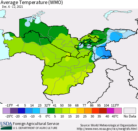 Central Asia Average Temperature (WMO) Thematic Map For 12/6/2021 - 12/12/2021