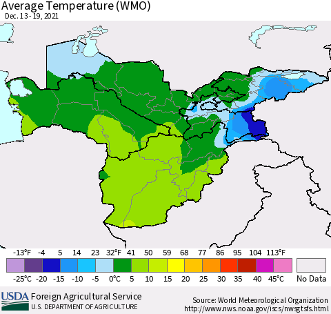 Central Asia Average Temperature (WMO) Thematic Map For 12/13/2021 - 12/19/2021