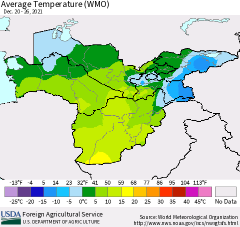 Central Asia Average Temperature (WMO) Thematic Map For 12/20/2021 - 12/26/2021