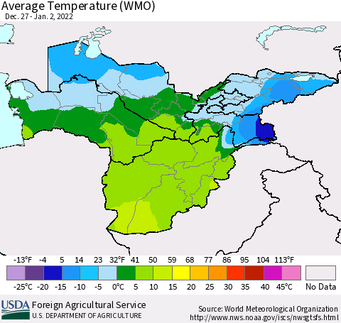Central Asia Average Temperature (WMO) Thematic Map For 12/27/2021 - 1/2/2022