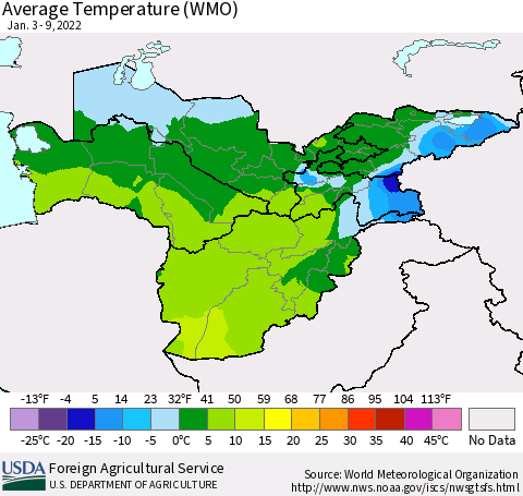 Central Asia Average Temperature (WMO) Thematic Map For 1/3/2022 - 1/9/2022