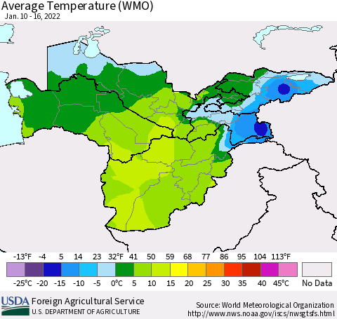 Central Asia Average Temperature (WMO) Thematic Map For 1/10/2022 - 1/16/2022