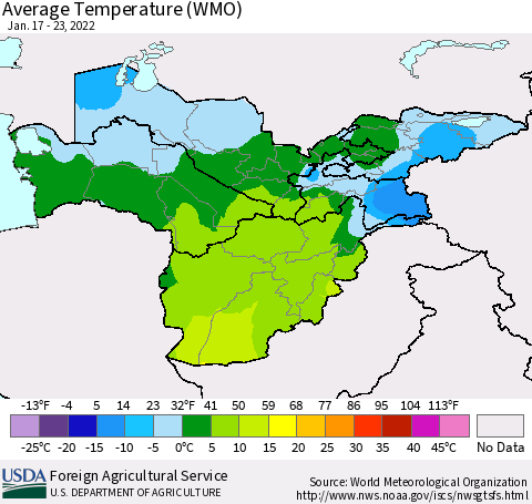 Central Asia Average Temperature (WMO) Thematic Map For 1/17/2022 - 1/23/2022