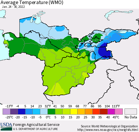 Central Asia Average Temperature (WMO) Thematic Map For 1/24/2022 - 1/30/2022