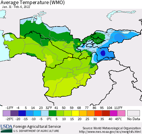 Central Asia Average Temperature (WMO) Thematic Map For 1/31/2022 - 2/6/2022
