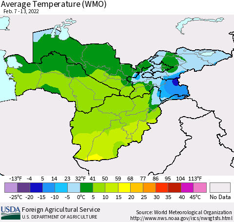 Central Asia Average Temperature (WMO) Thematic Map For 2/7/2022 - 2/13/2022