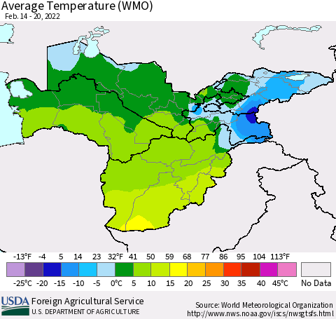 Central Asia Average Temperature (WMO) Thematic Map For 2/14/2022 - 2/20/2022