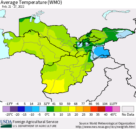 Central Asia Average Temperature (WMO) Thematic Map For 2/21/2022 - 2/27/2022