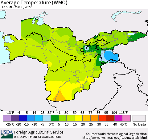 Central Asia Average Temperature (WMO) Thematic Map For 2/28/2022 - 3/6/2022