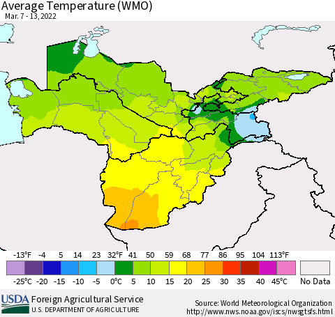 Central Asia Average Temperature (WMO) Thematic Map For 3/7/2022 - 3/13/2022