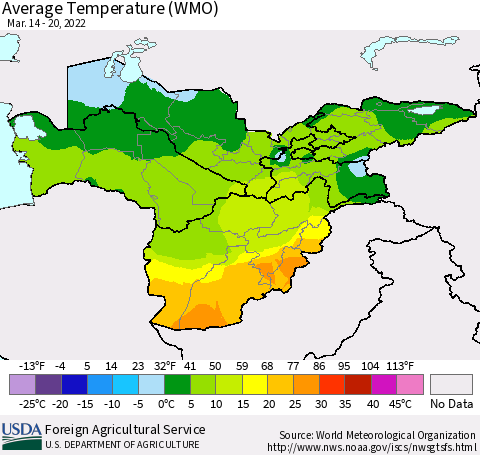 Central Asia Average Temperature (WMO) Thematic Map For 3/14/2022 - 3/20/2022