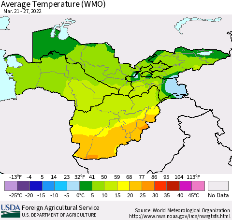 Central Asia Average Temperature (WMO) Thematic Map For 3/21/2022 - 3/27/2022