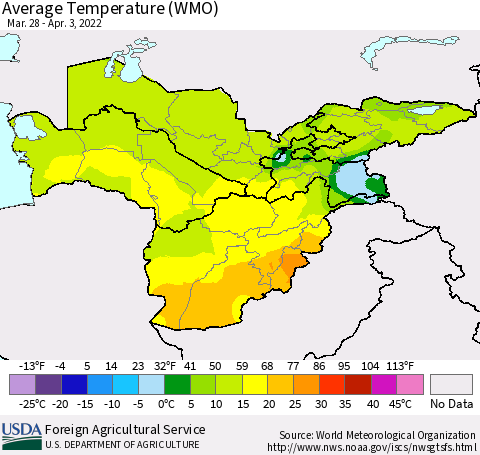 Central Asia Average Temperature (WMO) Thematic Map For 3/28/2022 - 4/3/2022