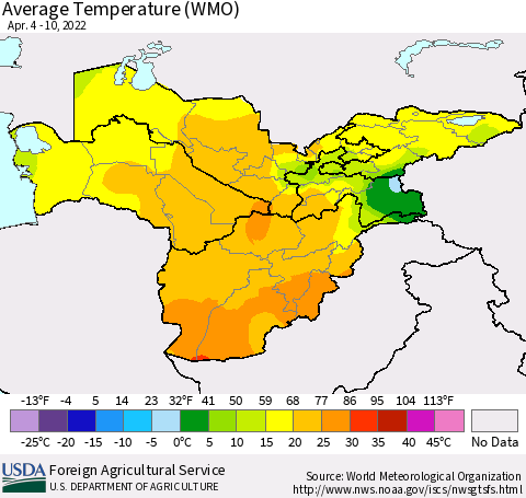 Central Asia Average Temperature (WMO) Thematic Map For 4/4/2022 - 4/10/2022