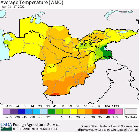 Central Asia Average Temperature (WMO) Thematic Map For 4/11/2022 - 4/17/2022