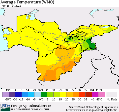 Central Asia Average Temperature (WMO) Thematic Map For 4/18/2022 - 4/24/2022