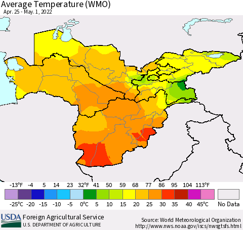 Central Asia Average Temperature (WMO) Thematic Map For 4/25/2022 - 5/1/2022