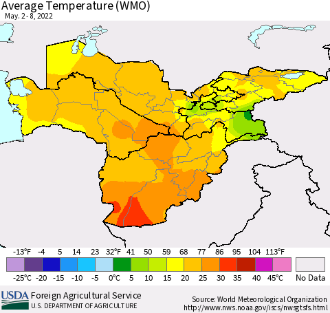 Central Asia Average Temperature (WMO) Thematic Map For 5/2/2022 - 5/8/2022