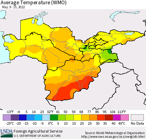 Central Asia Average Temperature (WMO) Thematic Map For 5/9/2022 - 5/15/2022