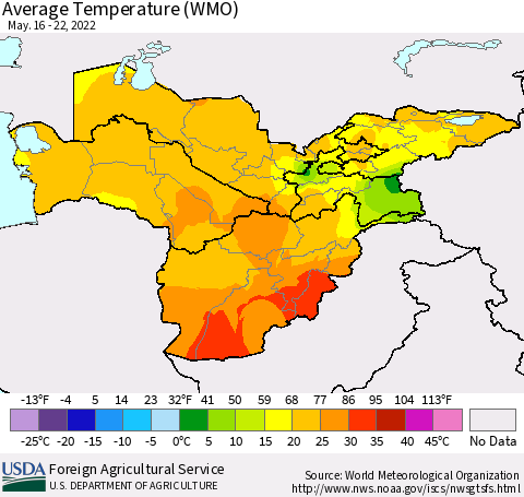 Central Asia Average Temperature (WMO) Thematic Map For 5/16/2022 - 5/22/2022