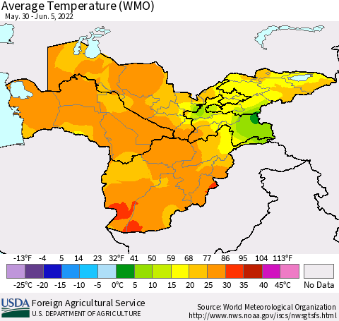 Central Asia Average Temperature (WMO) Thematic Map For 5/30/2022 - 6/5/2022
