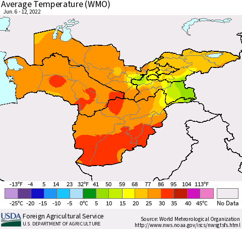 Central Asia Average Temperature (WMO) Thematic Map For 6/6/2022 - 6/12/2022