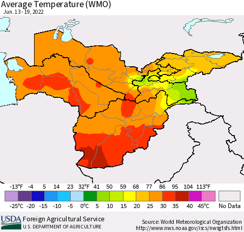 Central Asia Average Temperature (WMO) Thematic Map For 6/13/2022 - 6/19/2022
