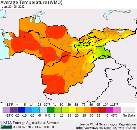Central Asia Average Temperature (WMO) Thematic Map For 6/20/2022 - 6/26/2022