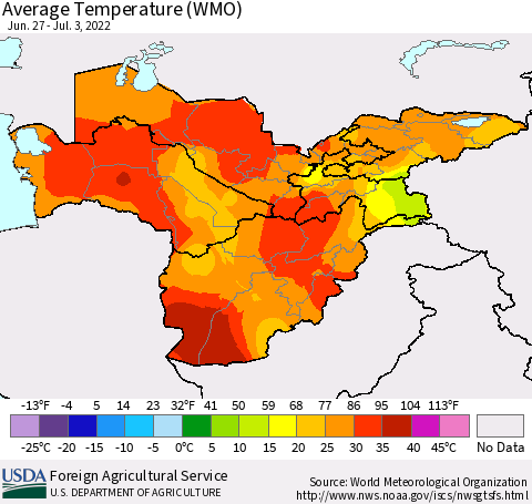 Central Asia Average Temperature (WMO) Thematic Map For 6/27/2022 - 7/3/2022