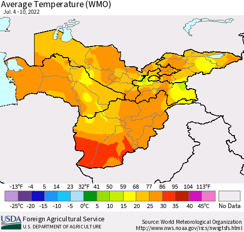 Central Asia Average Temperature (WMO) Thematic Map For 7/4/2022 - 7/10/2022
