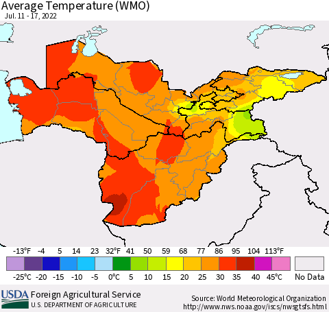Central Asia Average Temperature (WMO) Thematic Map For 7/11/2022 - 7/17/2022