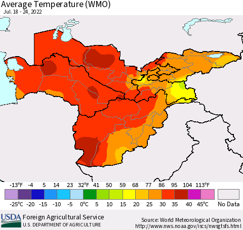 Central Asia Average Temperature (WMO) Thematic Map For 7/18/2022 - 7/24/2022