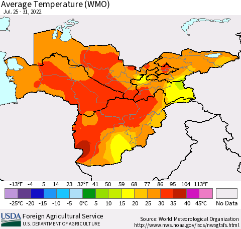 Central Asia Average Temperature (WMO) Thematic Map For 7/25/2022 - 7/31/2022