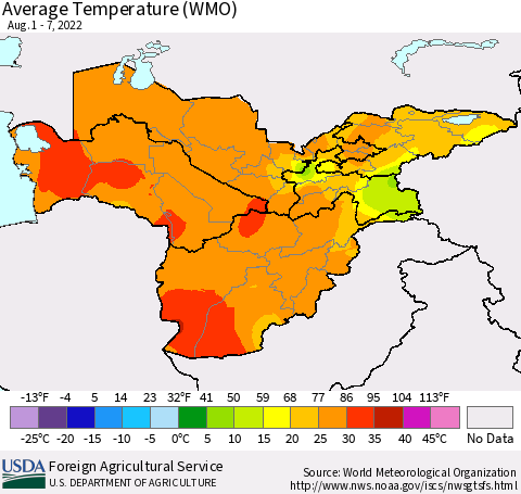 Central Asia Average Temperature (WMO) Thematic Map For 8/1/2022 - 8/7/2022
