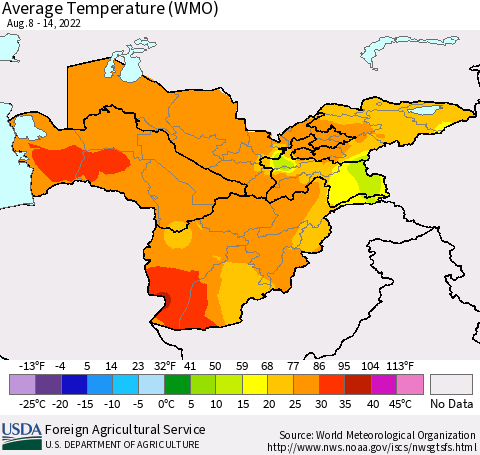 Central Asia Average Temperature (WMO) Thematic Map For 8/8/2022 - 8/14/2022