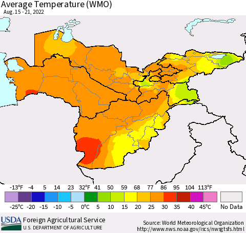 Central Asia Average Temperature (WMO) Thematic Map For 8/15/2022 - 8/21/2022