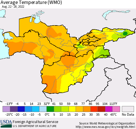 Central Asia Average Temperature (WMO) Thematic Map For 8/22/2022 - 8/28/2022