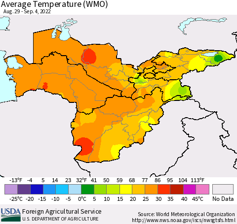 Central Asia Average Temperature (WMO) Thematic Map For 8/29/2022 - 9/4/2022