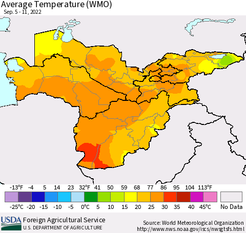 Central Asia Average Temperature (WMO) Thematic Map For 9/5/2022 - 9/11/2022