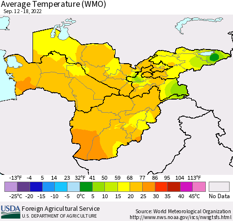 Central Asia Average Temperature (WMO) Thematic Map For 9/12/2022 - 9/18/2022
