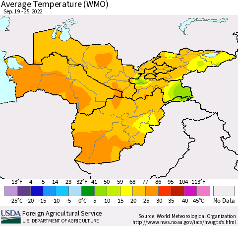 Central Asia Average Temperature (WMO) Thematic Map For 9/19/2022 - 9/25/2022