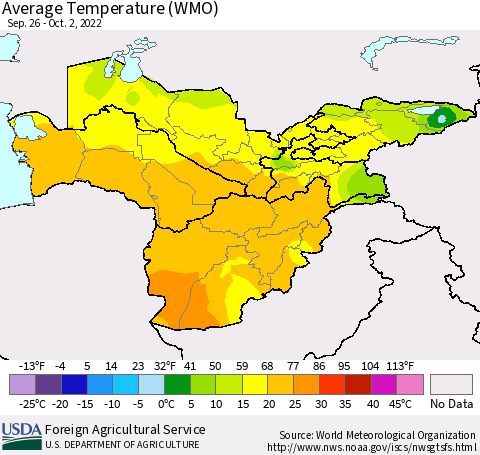 Central Asia Average Temperature (WMO) Thematic Map For 9/26/2022 - 10/2/2022