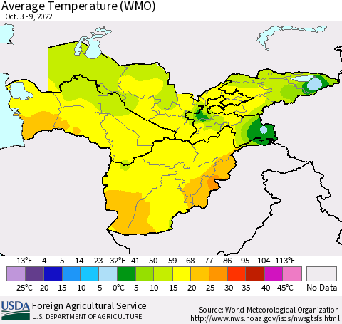 Central Asia Average Temperature (WMO) Thematic Map For 10/3/2022 - 10/9/2022